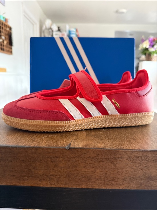 adidas Shoes - adidas Women’s Red Samba Jane Hook-and-Loop Sneakers with White Stripes